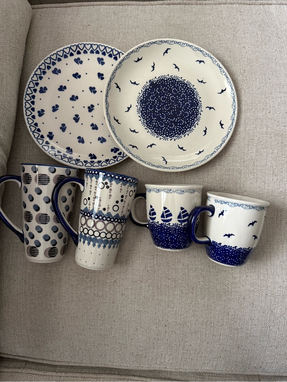 Blue and White Ceramic Coffee Mugs & Plates Set - Nautical Pattern.